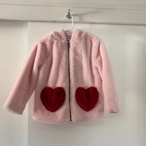 Old Navy Pink Fuzzy Kids Jacket with Red Heart Accents
